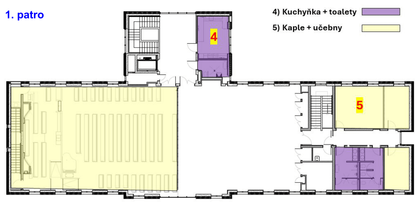 Plán prvního patra s vyznačenými oblastmi 4–5